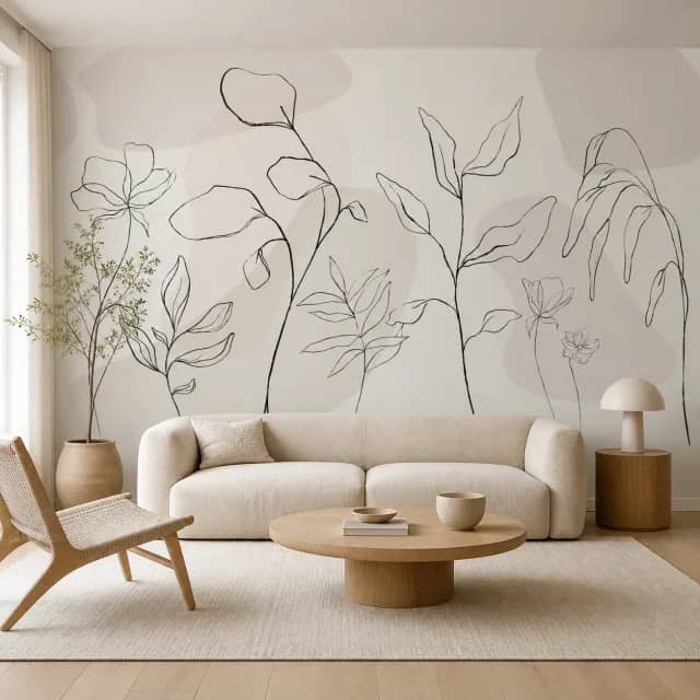 Minimalist botanical mural in an ivory living room with pale wood furniture