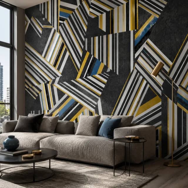 Black and gold geometric wallpaper installed on a modern living room wall