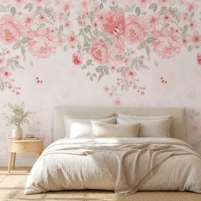 Blush peony wallpaper behind an ivory linen bed in a serene bedroom