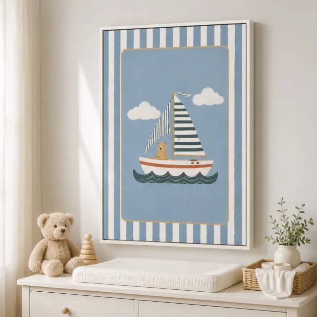 White framed nautical kids canvas above a small play table