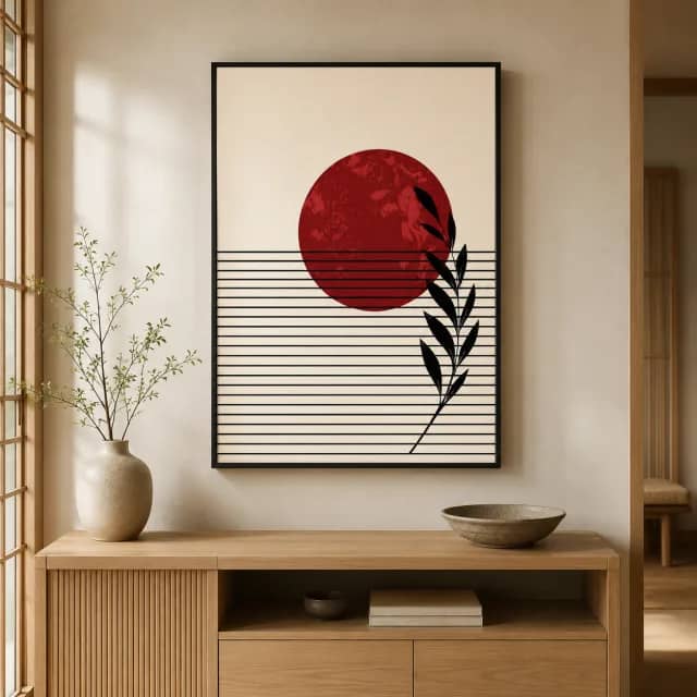 Still Sun Lines in a black frame above a wooden console in a calm entryway