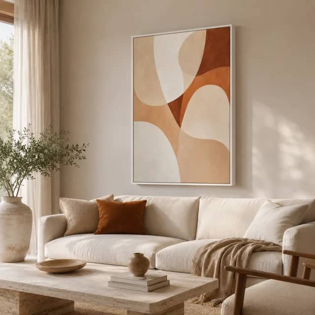 Desert Curves in a white floater frame above a cream sofa in a warm living room