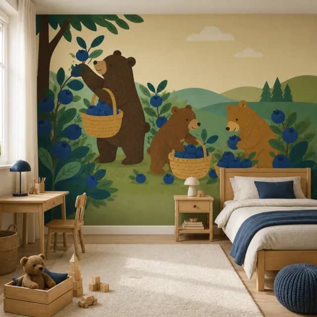 Bears and blueberries mural in a calm wood furnished kids bedroom