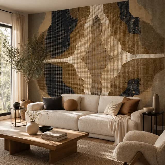 Woven geometric wallpaper mural behind a sofa in a warm living room