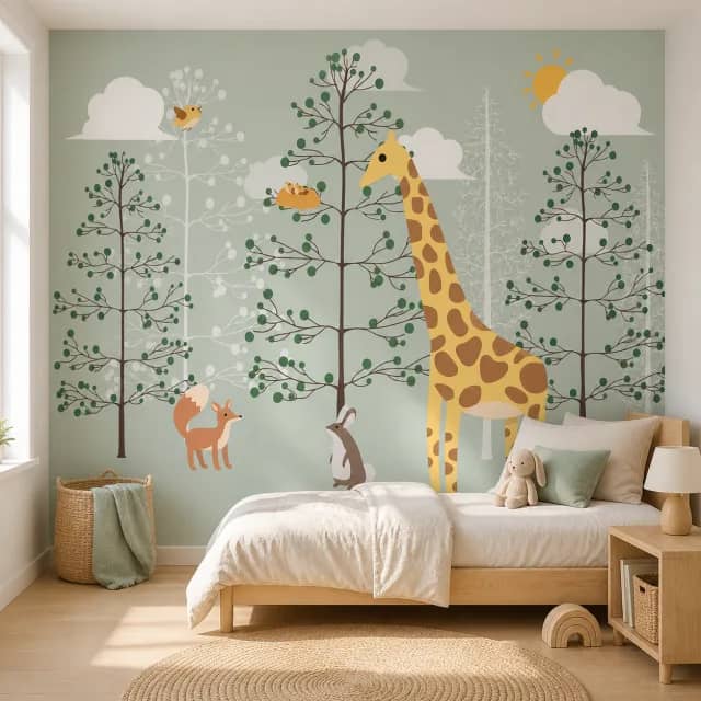 Woodland giraffe mural on a kids bedroom wall with a pale wood bed