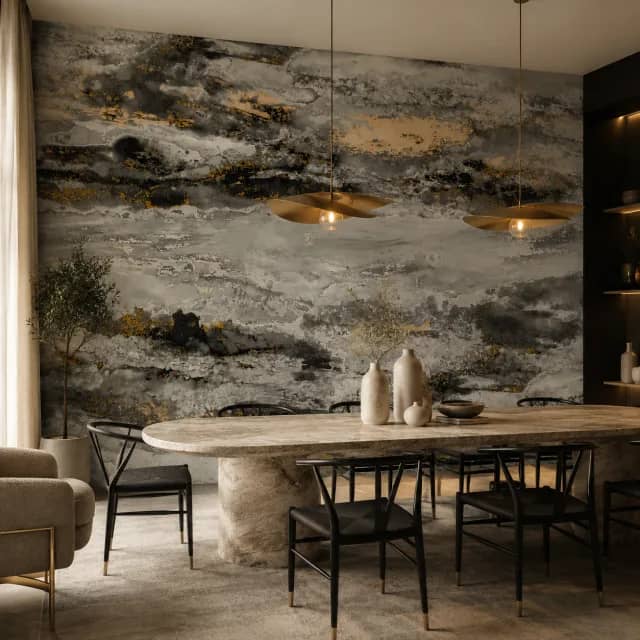 Gray and gold marble wallpaper installed in a modern dining room