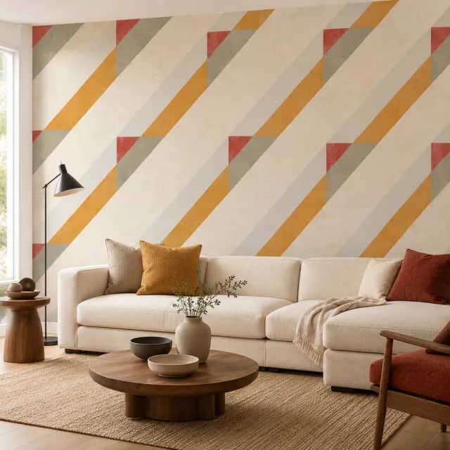 Diagonal geometric mural installed behind a cream sofa in a modern living room