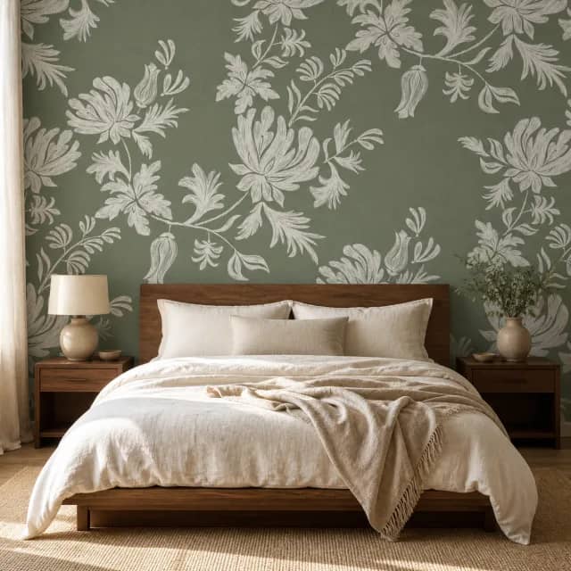 Sage green floral wallpaper in an elegant bedroom