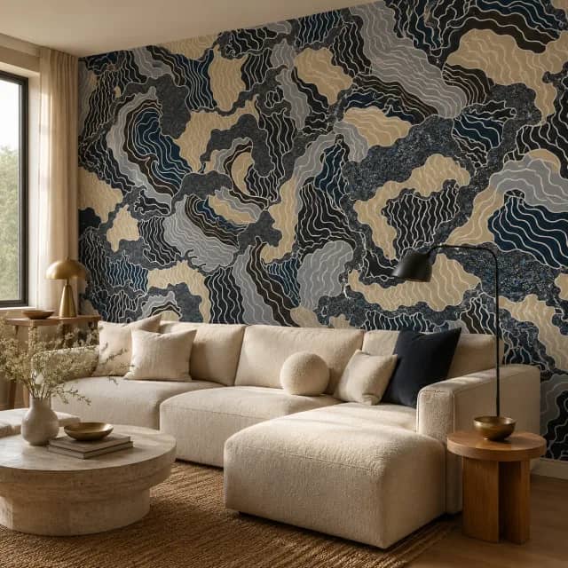 Contour line wallpaper in a modern living room with a light sofa