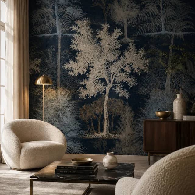 Navy forest wallpaper installed on a boutique lounge wall with light seating