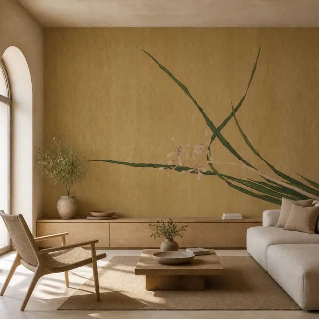 Orchid Whisper mural installed in a contemporary living room