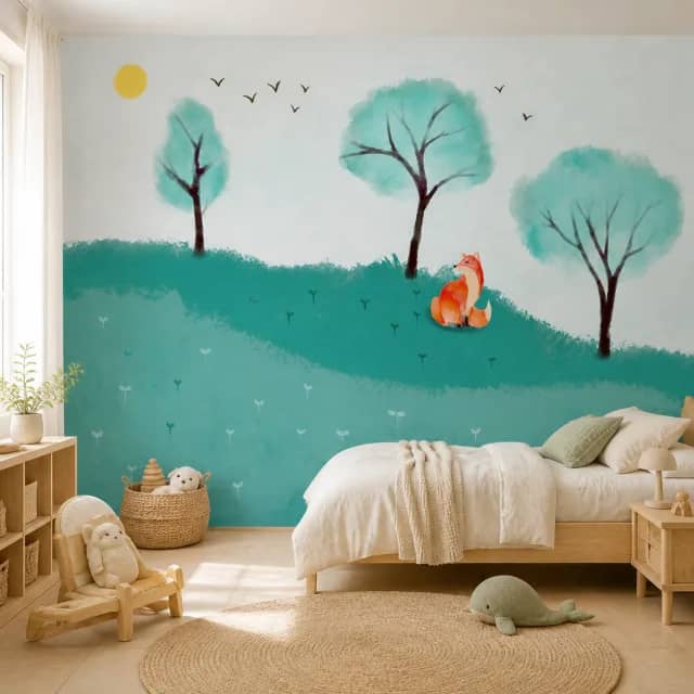 Fox mural on the wall of a bright kids bedroom