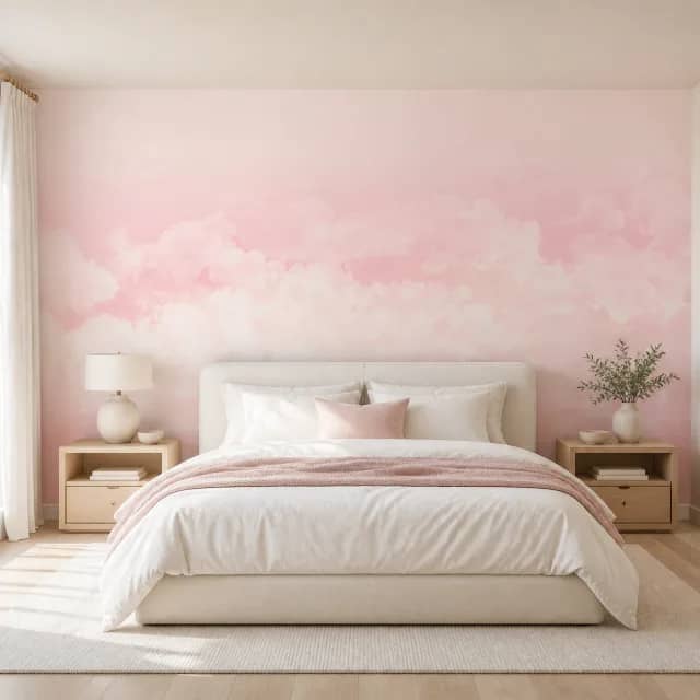 Pink cloud mural behind a serene contemporary bed