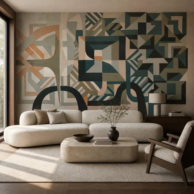 Abstract geometric mural on a contemporary living room wall