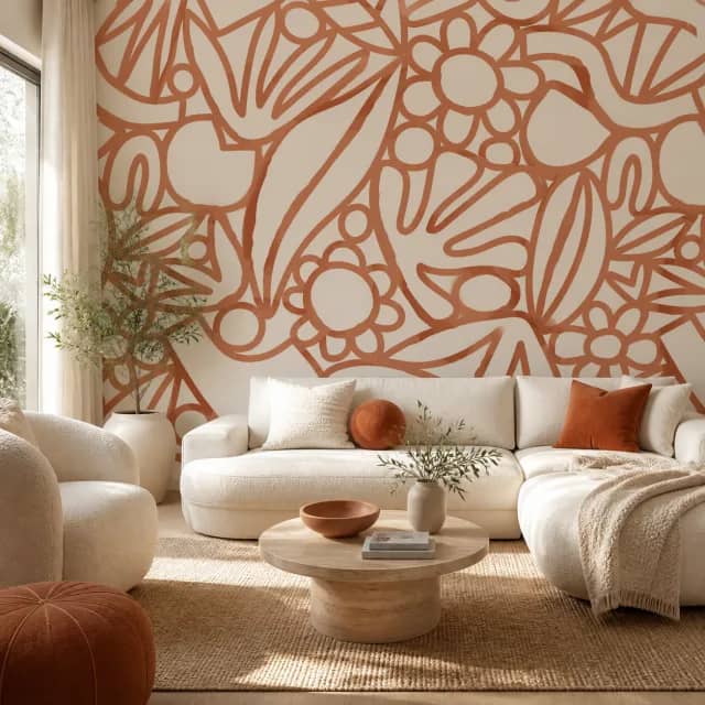 Terracotta botanical mural on a modern living-room wall