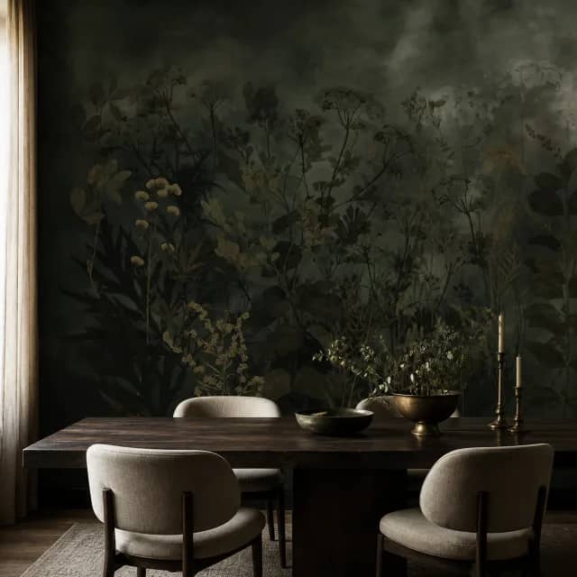 Dark floral mural in an atmospheric dark-wood dining room