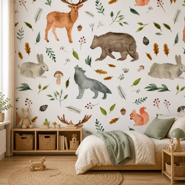 Woodland animals mural in a Scandinavian children's bedroom