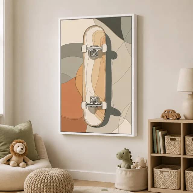 Quiet Wheel Line in a white frame inside a warm kids room with a chair and storage baskets