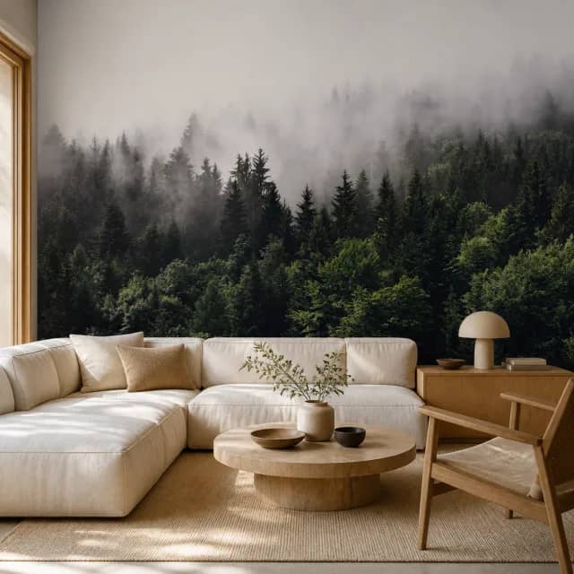 Misty evergreen forest mural on a contemporary living room wall