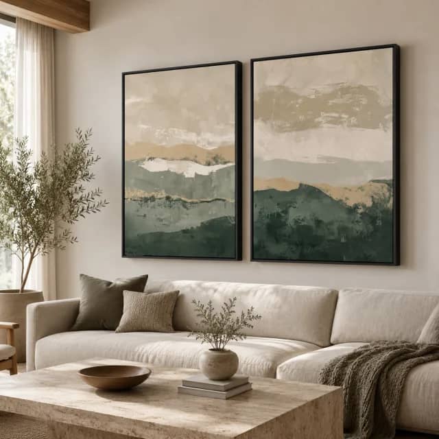 Quiet Valley Layers in black frames above a linen sofa in a contemporary living room