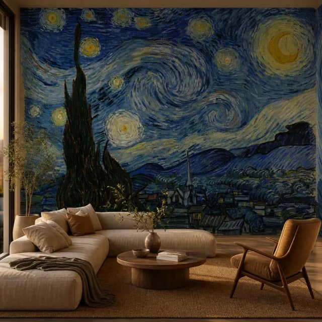 Dreaming Cypress Night mural on a warm living room wall
