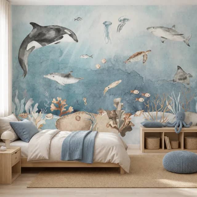 Sea animals mural installed in a calm kids bedroom