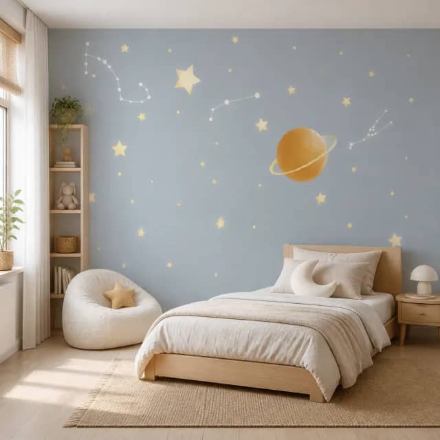 Golden planet and stars mural behind a wood bed in a calm children’s bedroom
