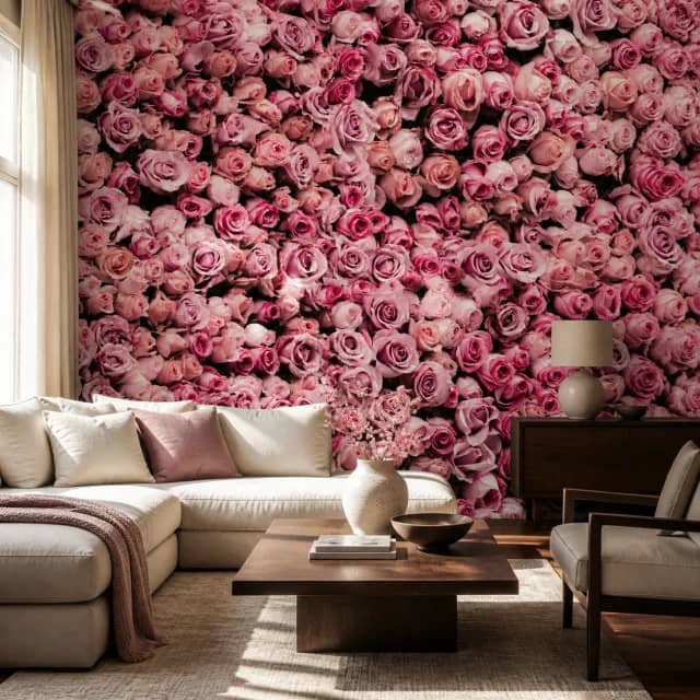 Pink rose wall mural in a contemporary living room
