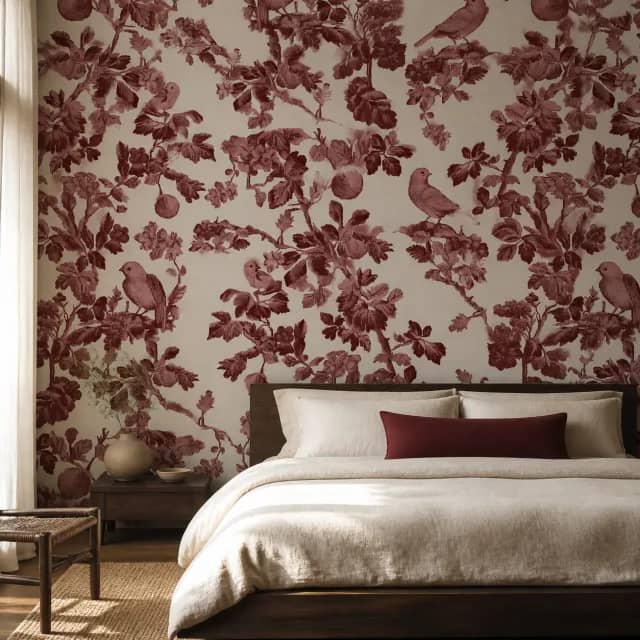 Burgundy bird toile mural in an elegant bedroom