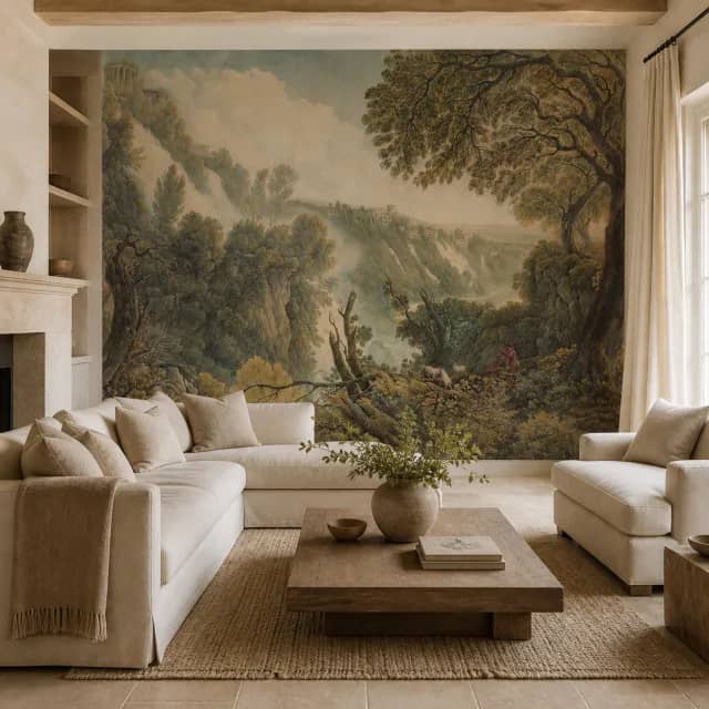 Waterfall valley mural installed in a bright refined living room