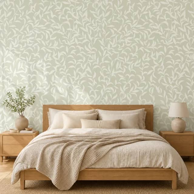 Sage and ivory leaf mural installed in a calm bedroom