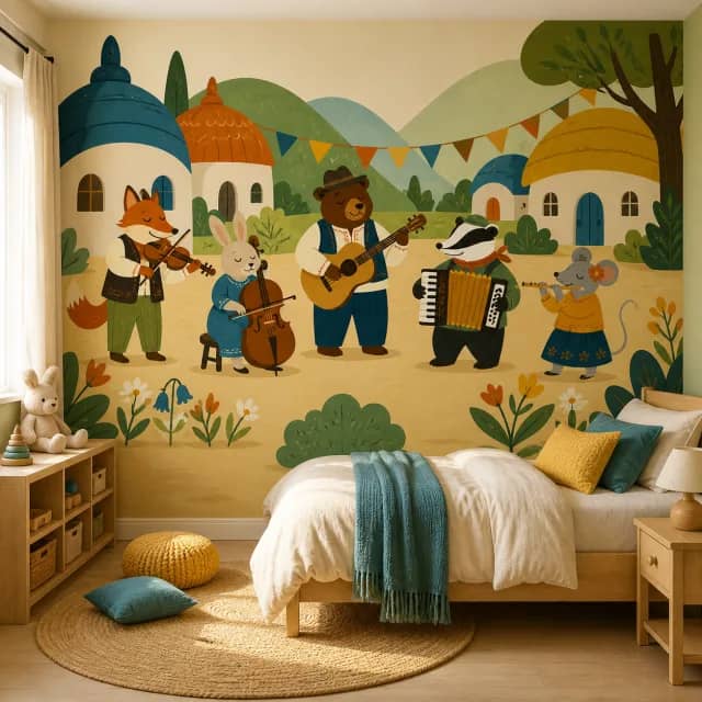 Animal musicians mural on a children's bedroom wall