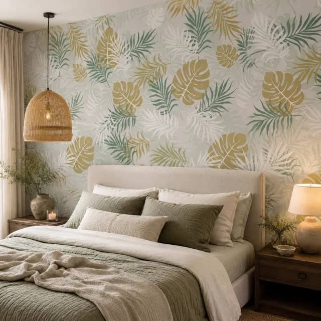 Calm tropical leaf wallpaper mural behind a bed in an elegant bedroom