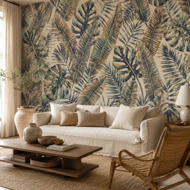 Watercolor tropical leaves wallpaper installed in a calm coastal living room