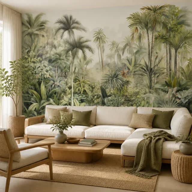 Tropical palm grove wallpaper mural installed in a contemporary living room