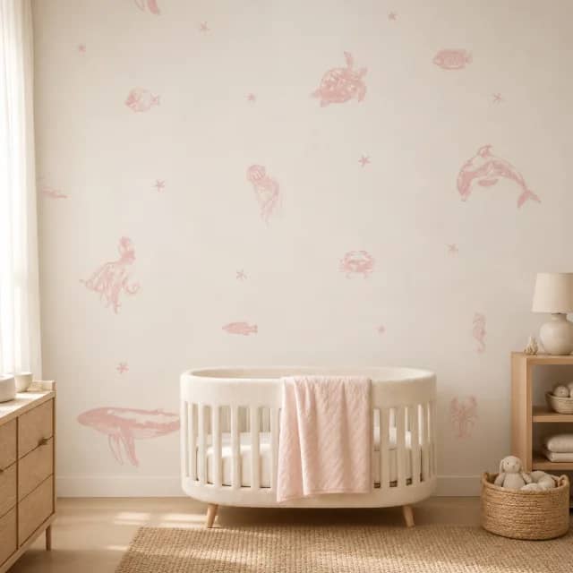 Blush marine animals mural installed in an ivory nursery with pale oak furniture