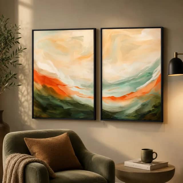 Coral Drift abstract two panel wall art in black frames in an olive toned reading corner