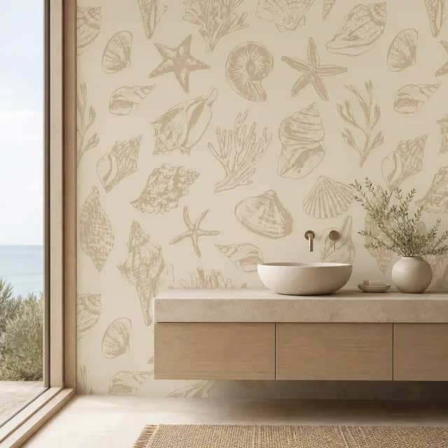 Ivory seashell mural in a serene coastal bathroom