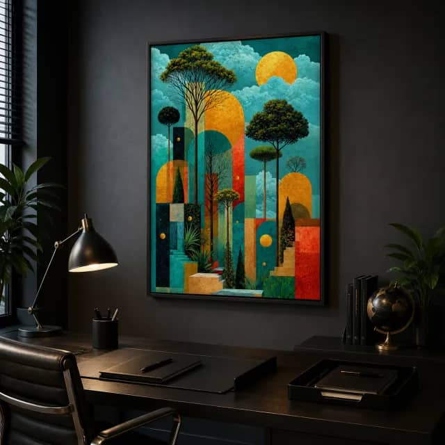 Emerald Sun Gateways in a black frame in a refined dark office with warm lighting.