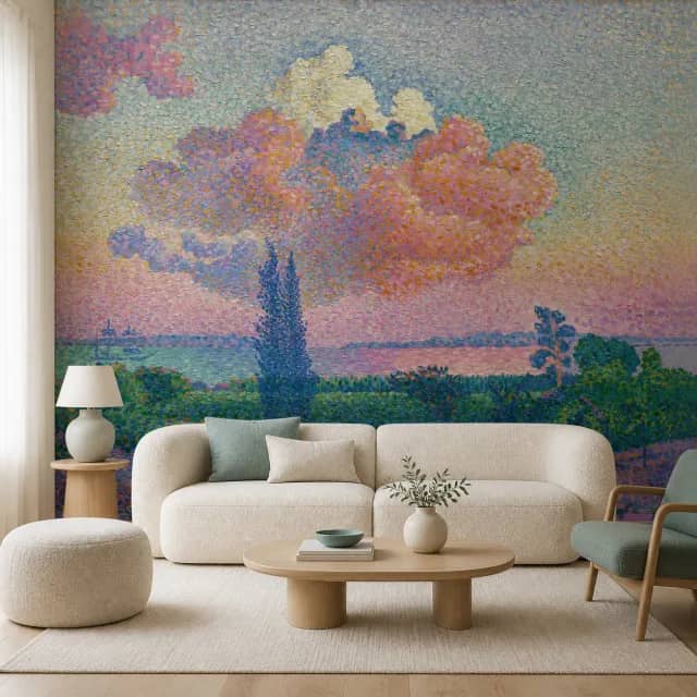 Pastel Pointillist Tree mural installed in a modern living room with cream furniture