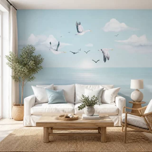 Serene Seagull Horizon wallpaper in a bright coastal living room