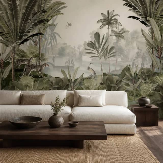 Tropical safari mural in a sophisticated living room