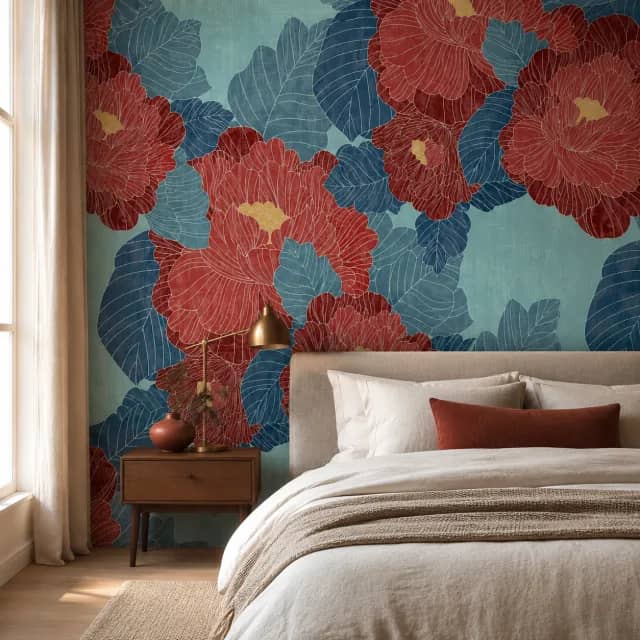 Red floral botanical wallpaper installed behind a bed in a calm bedroom