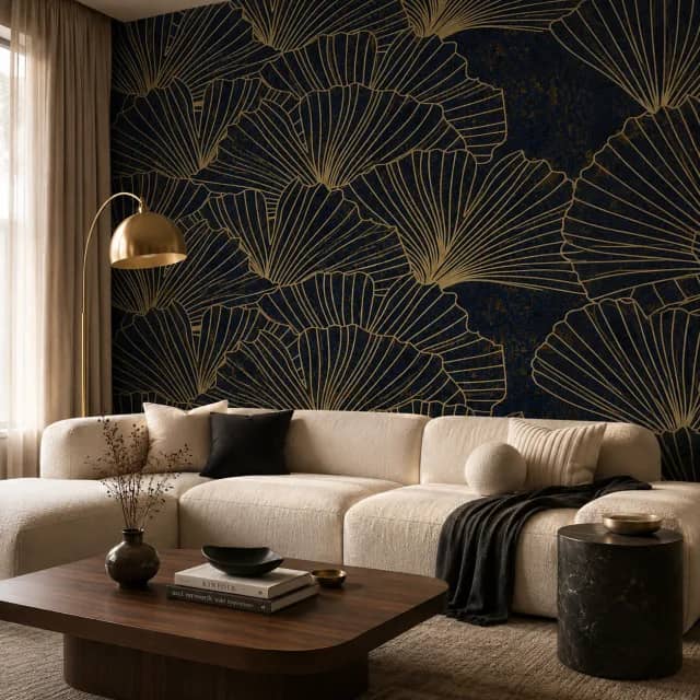 Navy and gold fan-leaf wallpaper installed on a luxe living room wall behind a neutral sofa