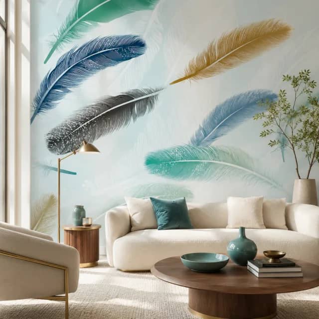 Mockup of the feather mural in a calm modern room scene.