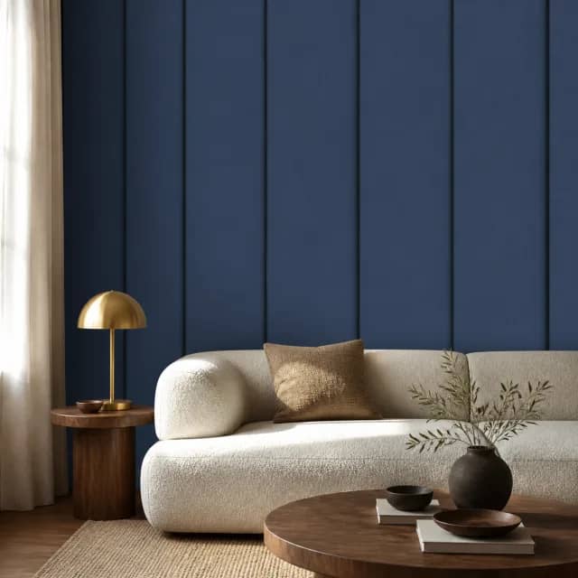 Deep navy panel mural in a contemporary living room
