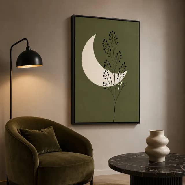 Quiet Olive Moon canvas in a black floater frame above an olive velvet lounge chair.