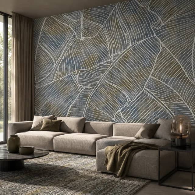 Abstract leaf mural wallpaper behind a modern lounge sofa