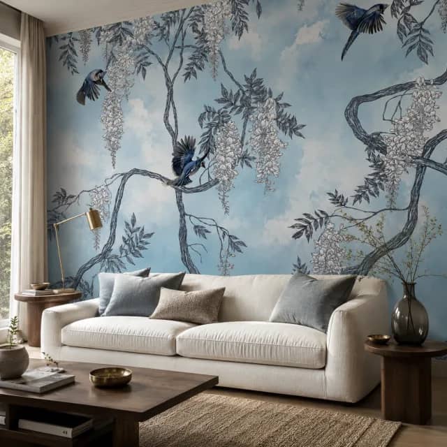 Blue bird wallpaper installed behind a white sofa in a calm living room