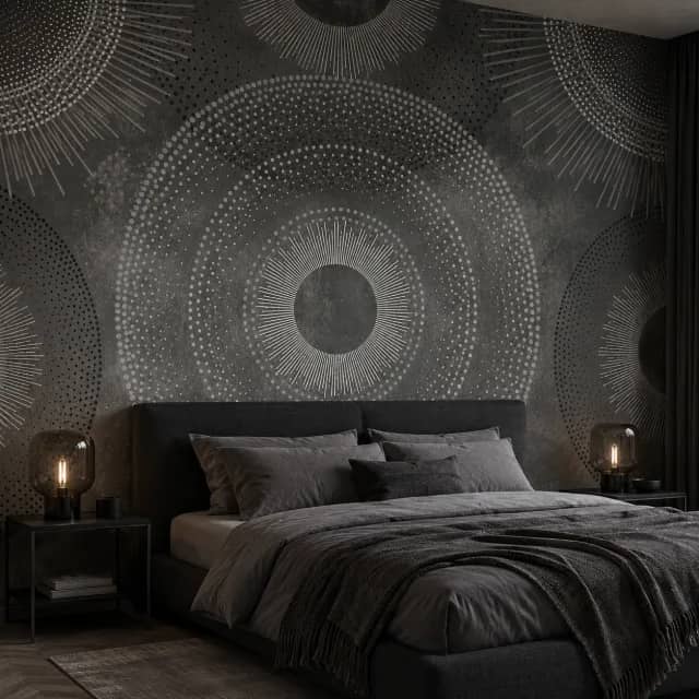 Gray geometric wallpaper installed behind a modern bed